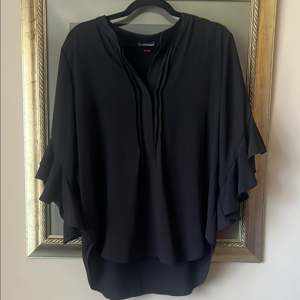 Vince Camuto Black Blouse with Flutter Sleeves and Mandarin Collar Large